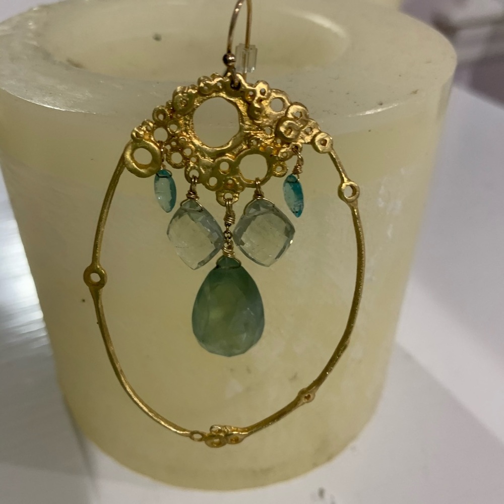 Gold earrings with green and blue stones